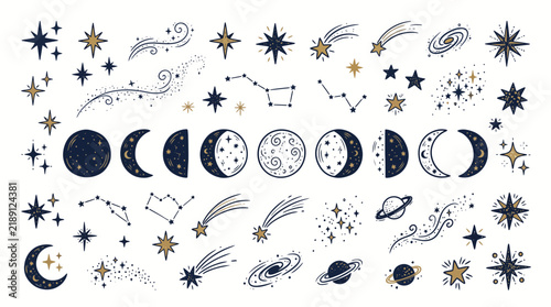 Set of hand drawn celestial elements including moon phases stars planets and constellations.
