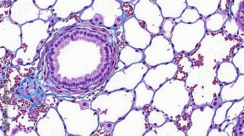 Microscopic histology of lung tissue showing a bronchiole surrounded by alveoli and connective structures, illustrating the detailed respiratory anatomy