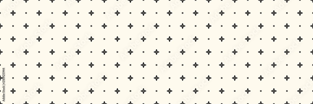 Fototapeta premium Geometric floral seamless pattern. Simple black flowers on a cream background. Seamless black floral star pattern on beige background. Repeatable abstract batik for design, texture, or wallpaper. 