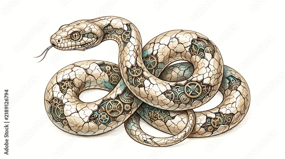 Obraz premium Coiled gray snake with intricate patterns and blue eyes