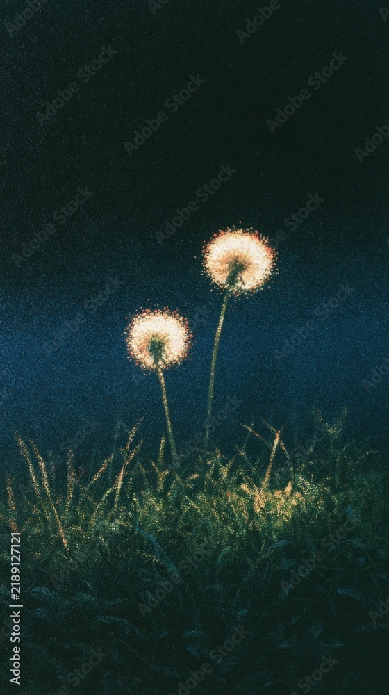 Obraz premium Dreamy dandelion glow over dark grassy meadow wallpaper for mobile phone