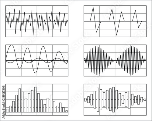 Konstfotografi Set of six waveform and data chart illustrations showing different signal patter
