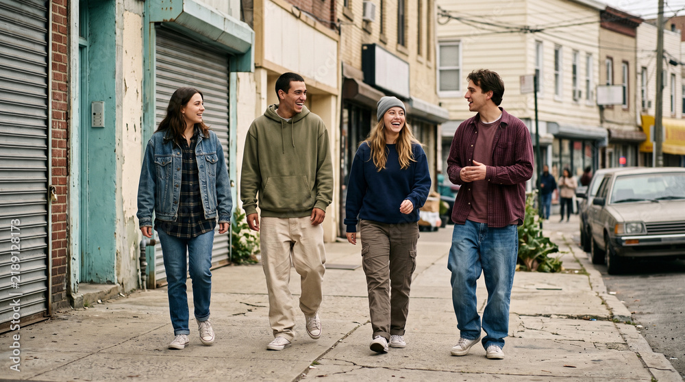 Fototapeta premium group of young adults walking together down urban city street