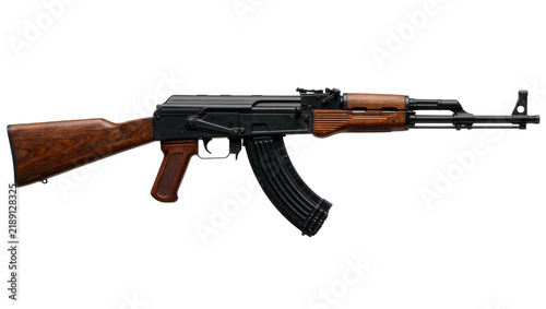 Quadro su tela Black metal AK-47 rifle with wooden stock and grip, isolated on transparent back