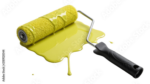 Фотография Yellow paint roller with dripping yellow paint, isolated on transparent backgrou