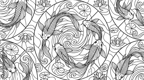 Seamless pattern with koi fish and water lilies in a stained glass style, coloring page for adults with zen garden pond motif.