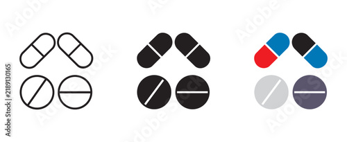 Collection of pharmaceutical medication symbols, includes tablets and antibiotic capsules, various graphic styles for hospital prescription and drugstore health project illustrations.