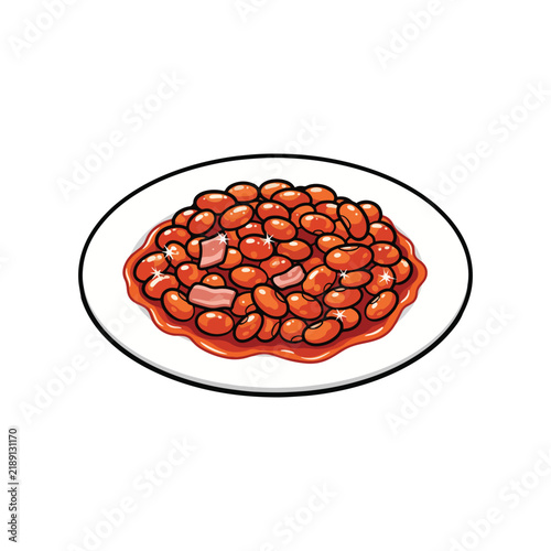 Cartoon style vector illustration of a white plate full of delicious baked beans in tomato sauce.