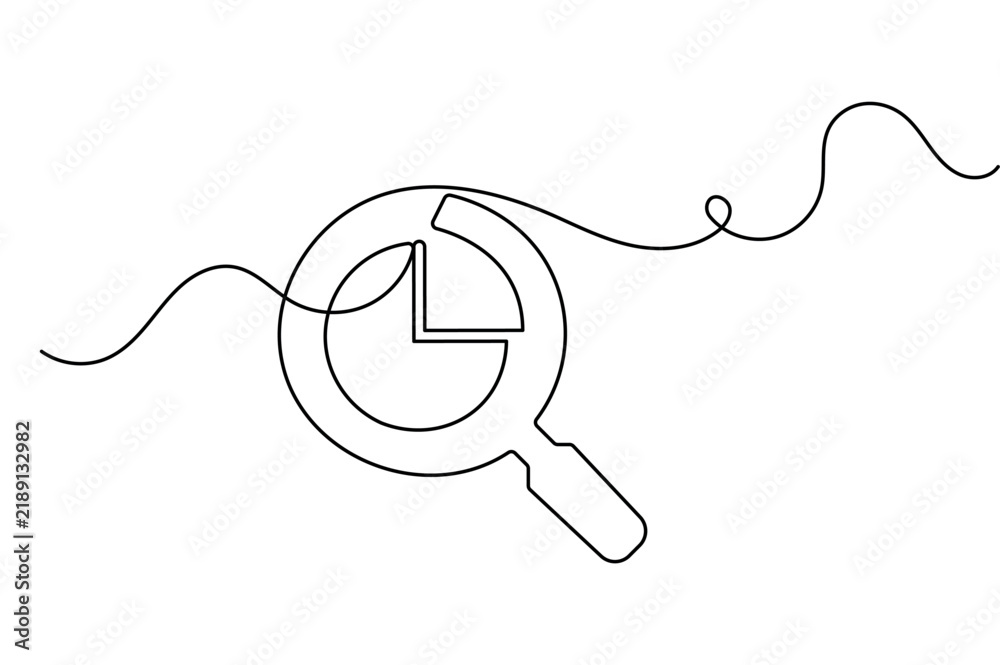 Obraz premium Magnifying glass pie chart continuous line art depicting a magnifying glass focusing on a pie chart. Features an editable stroke vector style.