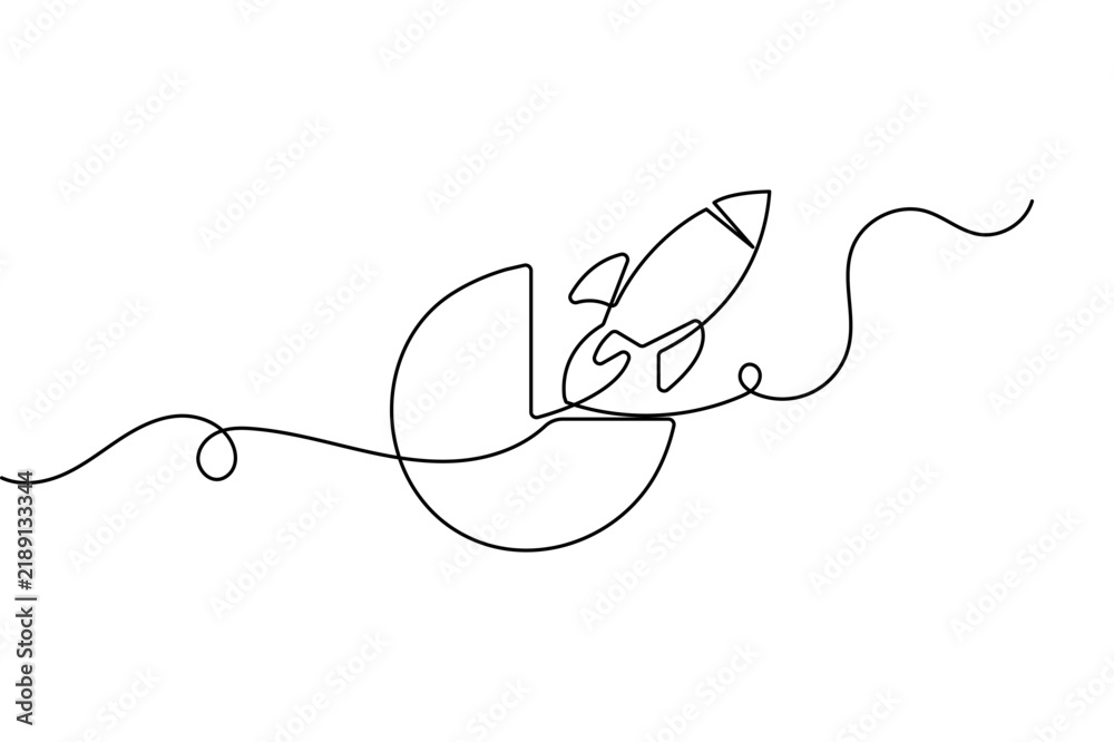 Obraz premium Rocket pie chart continuous line art depicting business launch with editable stroke on white background vector.