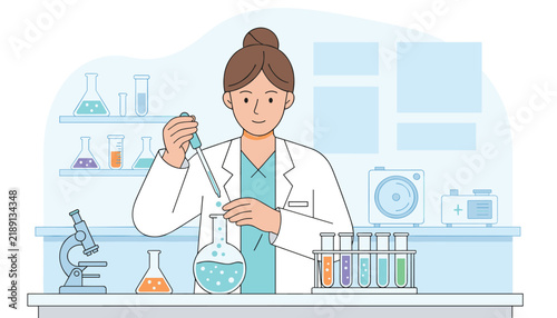 Female scientist in a lab coat carefully using a pipette to drop liquid chemical into a glass flask.