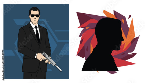 Secret agent in a black suit and sunglasses holding a silenced pistol next to a dynamic abstract silhouette on a dark background.