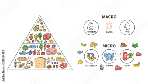 Healthy nutrition food pyramid infographic detailing macronutrients and micronutrients like protein, carbs, fats, iron, and potassium.