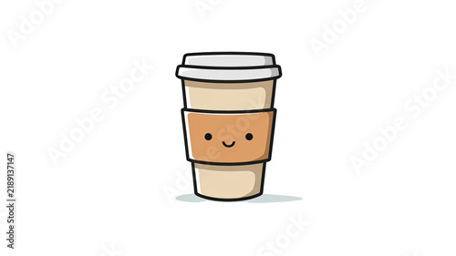 Cute Kawaii Cartoon Disposable Coffee Cup with Lid and Smiling Face, Adorable Takeaway Hot Beverage Character Illustration, Cozy Cafe and Morning Drink Concept, on transparent background