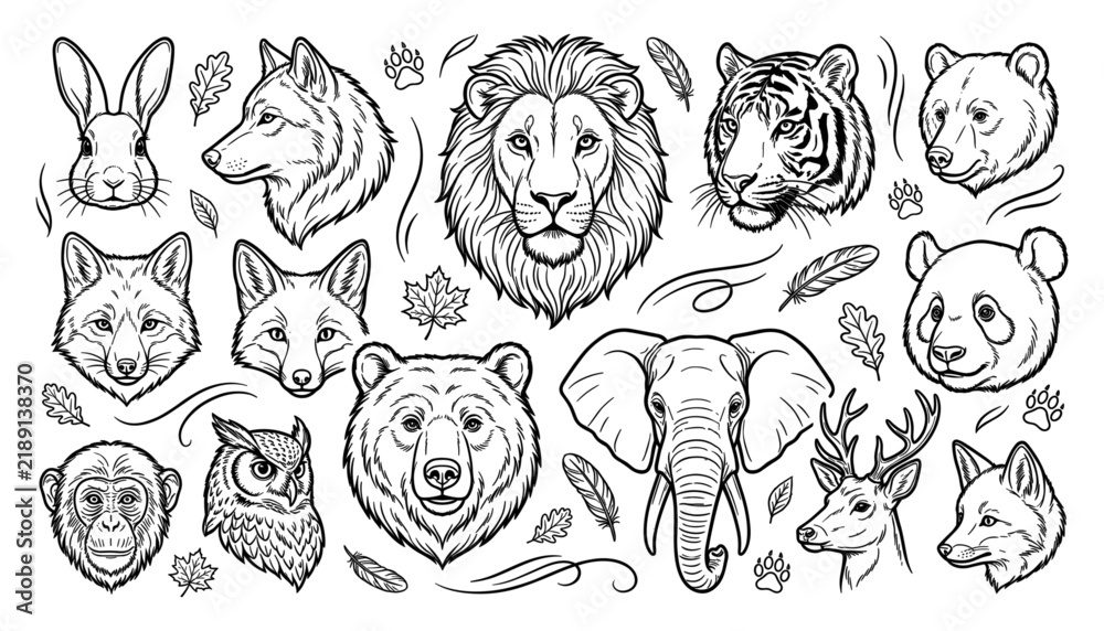 Obraz premium Collection of animal head illustrations features a lion elephant and bear in black and white