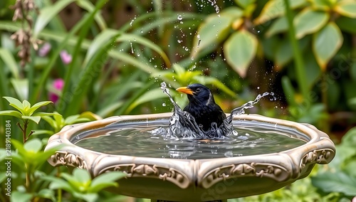 Black bird bathing with water splashes in an ornamental garden birdbath
