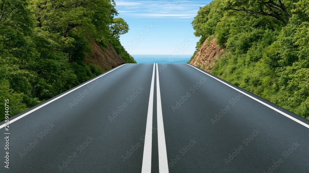 Fototapeta premium A scenic road flanked by greenery leading to a bright sky and open horizon.