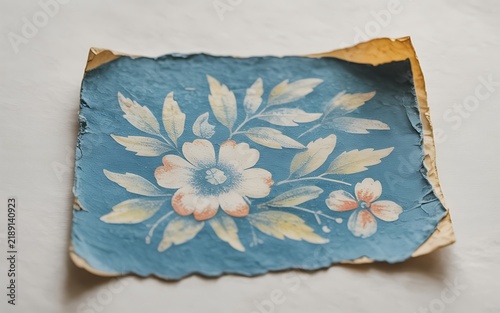 Vintage floral artwork painted blue handmade paper torn edges background picture