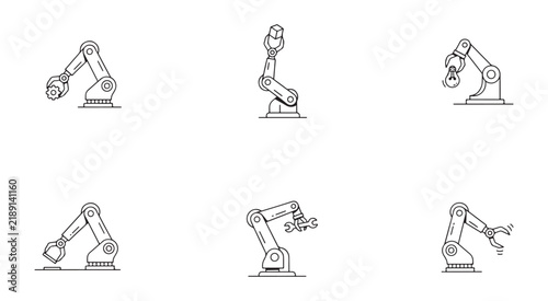 Line art robotic arms performing various tasks, modern engineering and technology concepts.
