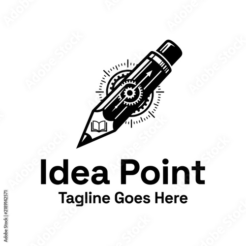 Minimalist pencil logo with gears and open book.