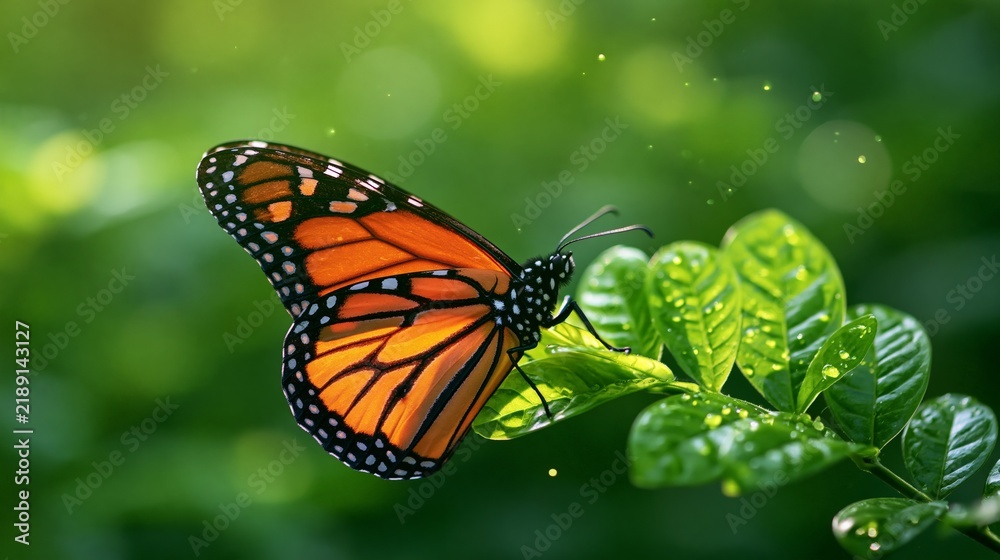 Obraz premium A vibrant orange butterfly perched on lush green leaves in a sunlit garden.