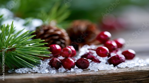 Festive berries and pine cones on rustic wood, adorned with snow, evoking winter holiday spirit