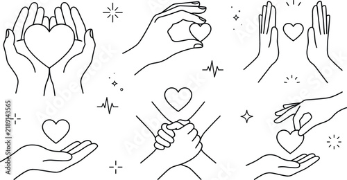 Hands holding heart line art set charity care love support gesture vector outline black white illustration