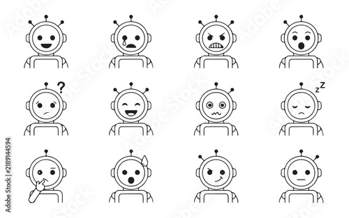 Set of robot head icons showing different facial expressions for chat bot interface interaction.