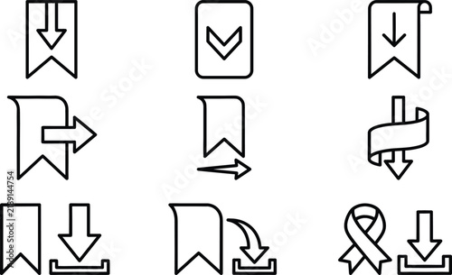 Bookmark ribbon and navigation arrow vector icon set featuring download export save tag and awareness ribbon outline symbols