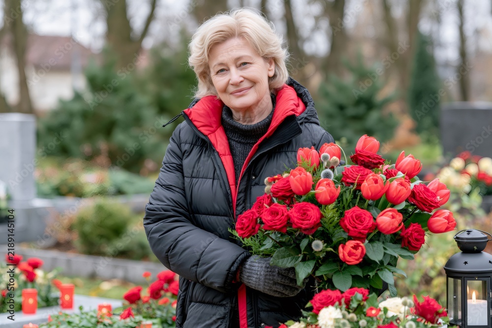 Fototapeta premium Senior woman holding red flowers at cemetery smiling