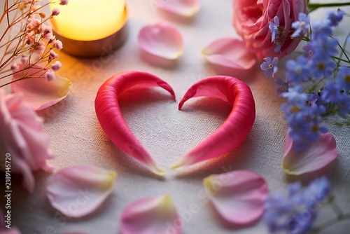 Romantic rose petal heart shape candle light flowers love concept background photo