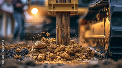 Close-up of a construction site with heavy machinery drilling into the ground.