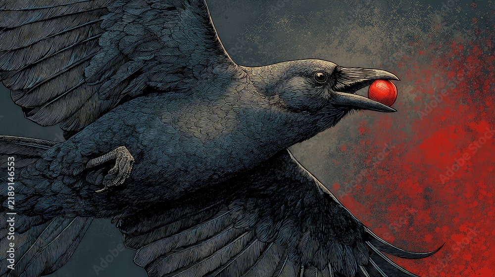 Obraz premium Raven in Flight Carrying a Red Ball Against a Dark Background