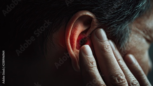Close-up of Human Ear with Hand Touching for Hearing Concept