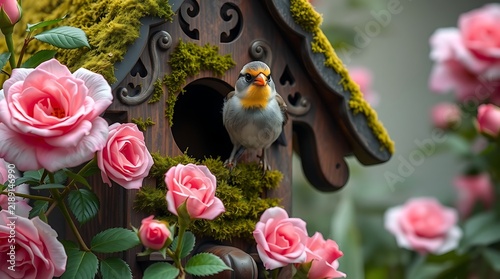 Small bird perched at the entrance of a mossy wooden birdhouse among pink roses