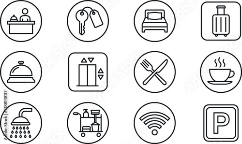 Hotel amenities and hospitality line art icon set with diverse reception desk room key bed and room service symbols