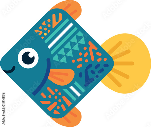Cute cartoon diamond fish vector illustration with abstract geometric tribal scale patterns and round yellow fin