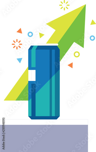 Product launch sales growth flat vector illustration with aluminum soda can and upward success arrow