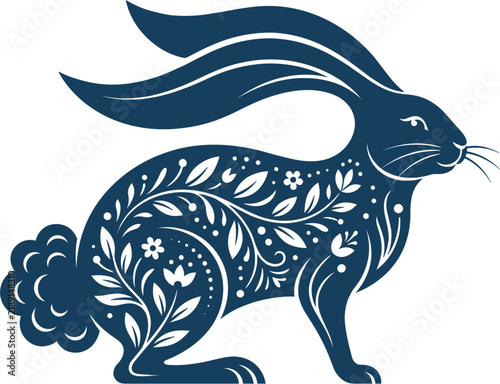 Decorative rabbit silhouette vector illustration with intricate botanical floral patterns and folk art engravings