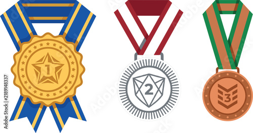 Gold silver and bronze award medals flat vector illustration set with numbers one two three and neck ribbon badges [H5bhIO]