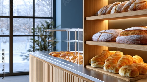 Sunlit bakery showcases an array of rustic bread and golden pastries; large windows reveal snowy view