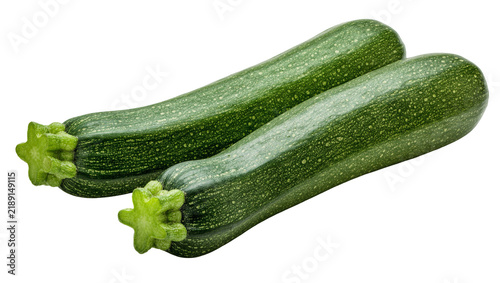 Two fresh green zucchini with star-shaped stems, isolated on transparent background