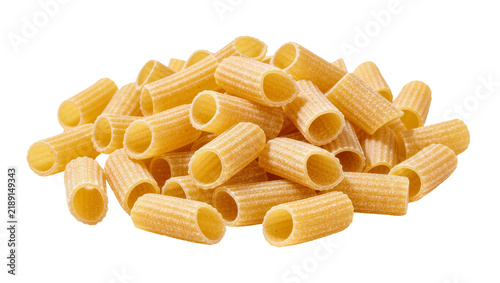 Fotografie Pile of ribbed rigatoni pasta tubes, isolated on transparent background