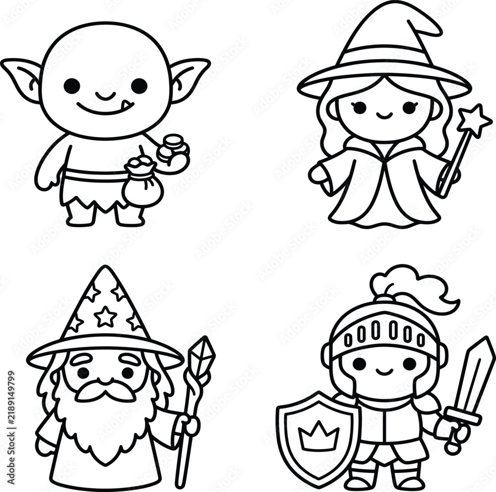 Fototapeta premium Four stylized fantasy characters including gnome, wizard, sorceress, and knight in black and white line art