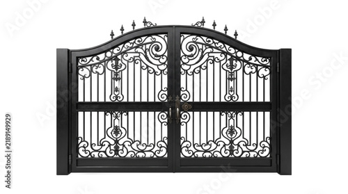 Ornate black wrought iron gate, elegant metal driveway entrance with scrollwork, luxury garden security gate on white background