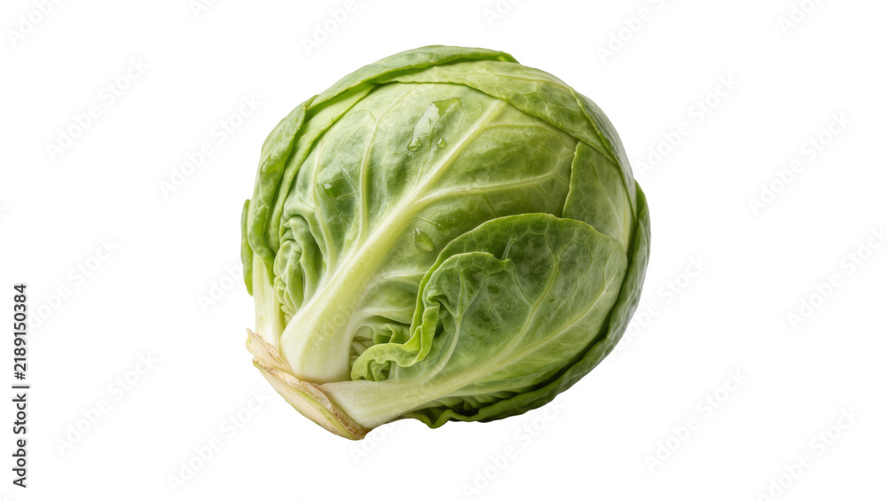 Fototapeta premium Fresh green Brussels sprout with visible water droplets, isolated on transparent background