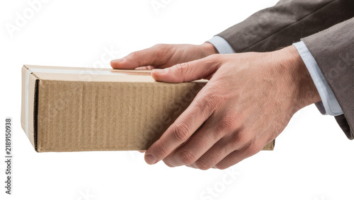 Canvastavla Man s hands in suit holding cardboard box, isolated on transparent background