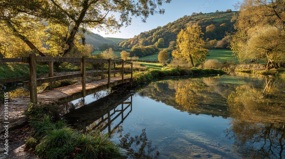 Fototapeta premium Serene Autumn Landscape with Bridge and Reflections on Water