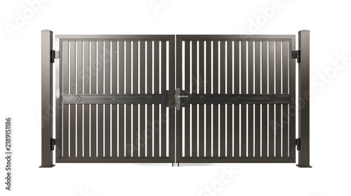 Modern dark metal driveway gate, minimalist aluminum double entrance gates, contemporary residential security fence gate on white background