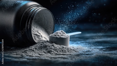 Powdered Supplement Container with Scoop and Spilled Powder on Surface
